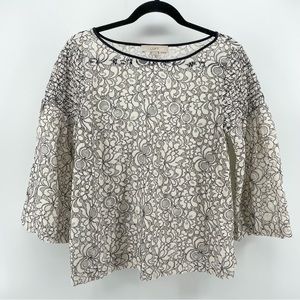 Loft Women’s Blouse White Floral Lace Smocked Sleeve S